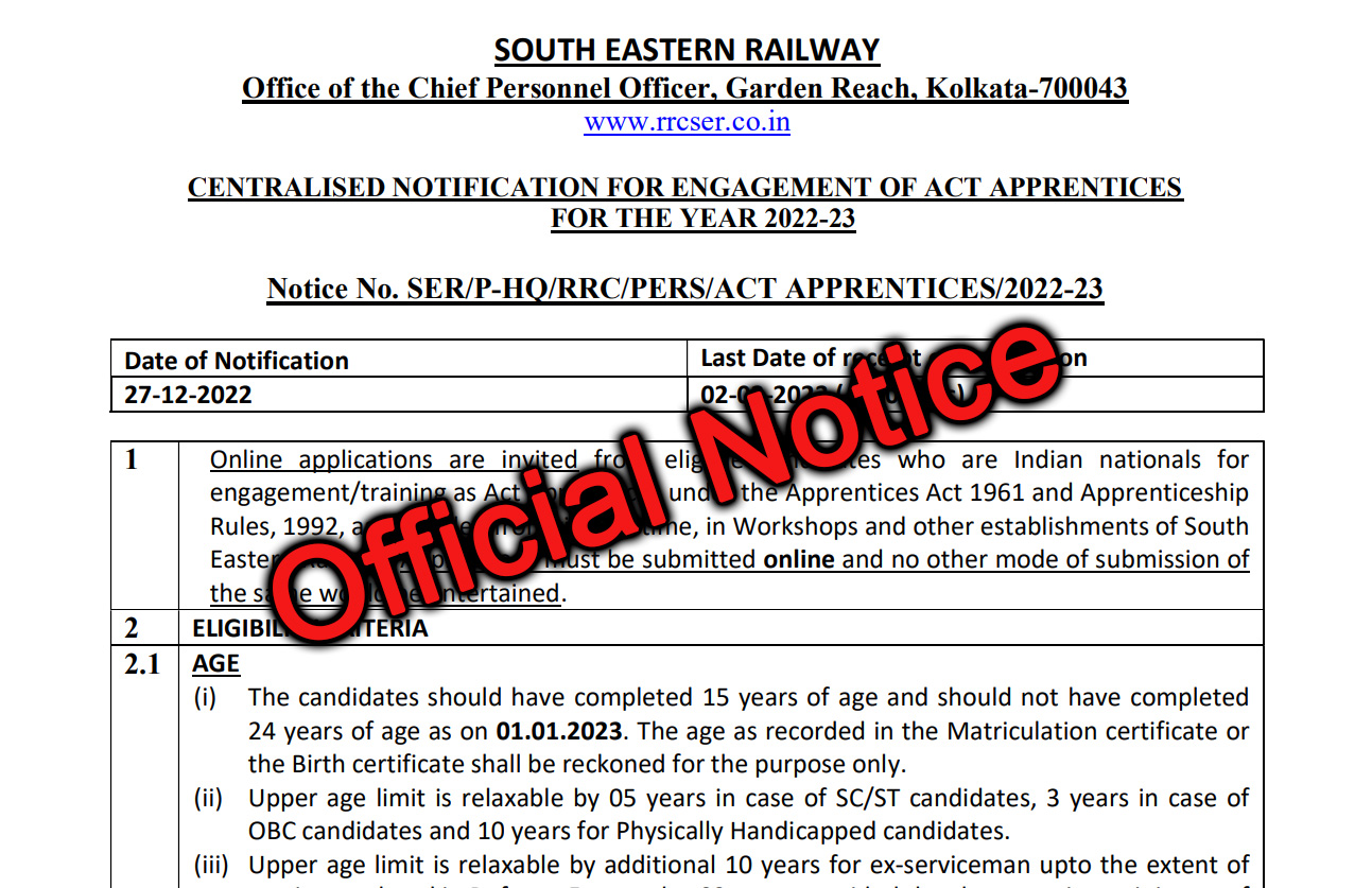 South Eastern Railway Recruitment 2023 Official Notification