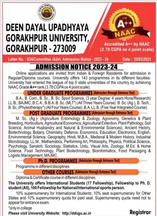 DDU Gorakhpur Admission Form 2023