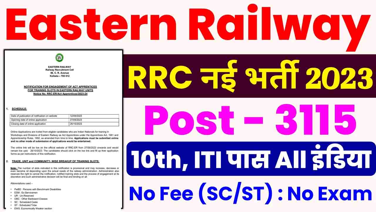 RRC ER Eastern Railway Apprentice Bharti 2023: रेलवे में 3115 पदों पर ...