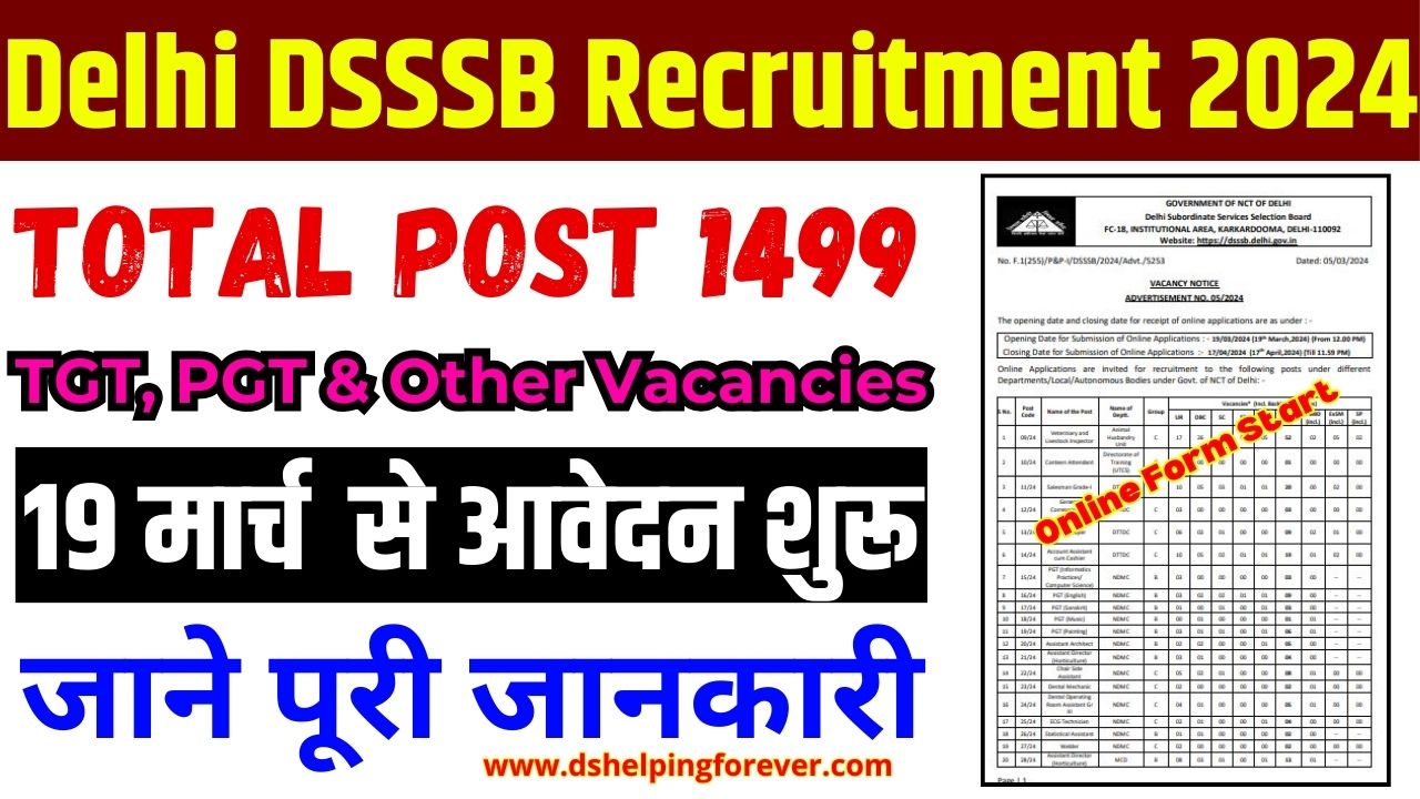 Delhi DSSSB Recruitment 2024 Notification For 1499 TGT PGT & Other Vacancy