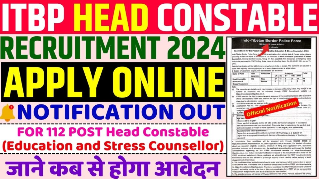 ITBP Head Constable (Education and Stress Counsellor) Recruitment 2024