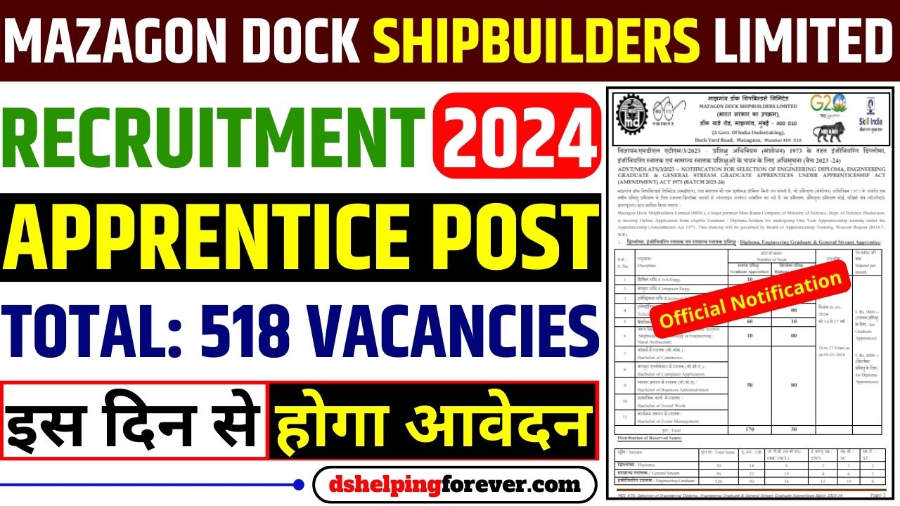 Mazagon Dock Shipbuilders Apprentice Recruitment 2024