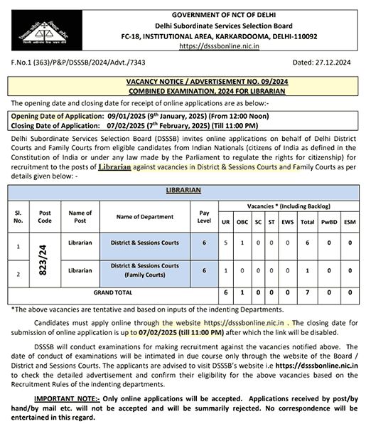 DSSSB Librarian New Recruitment 2025