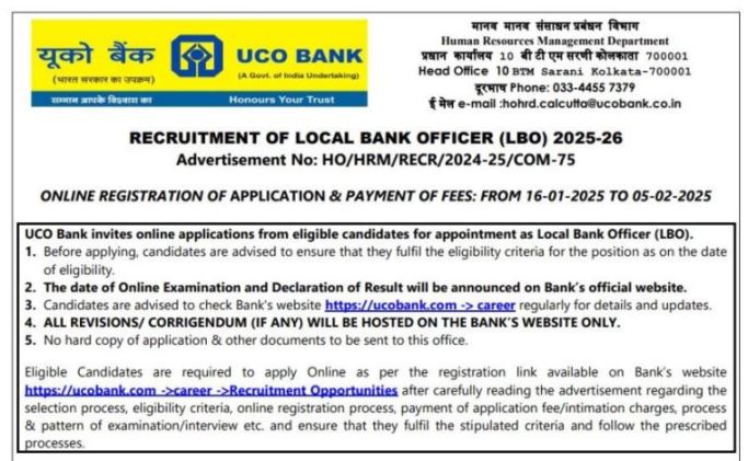 UCO Bank Local Bank Officer Online Form 2025