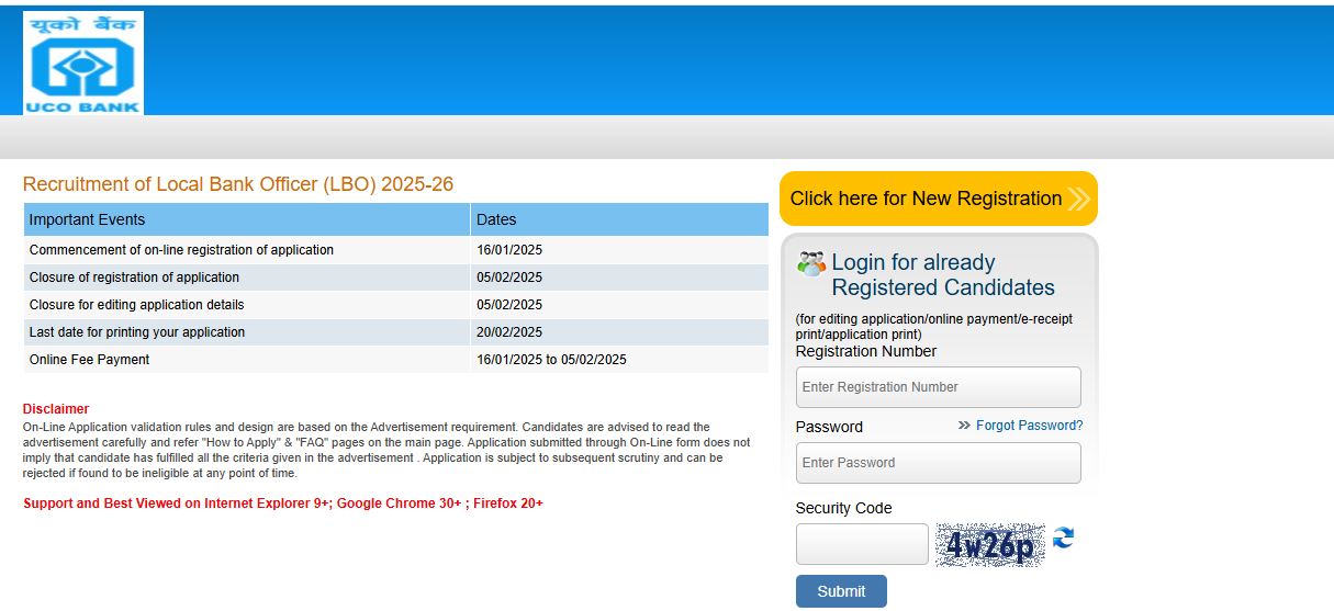 UCO Bank Local Bank Officer Online Form 2025