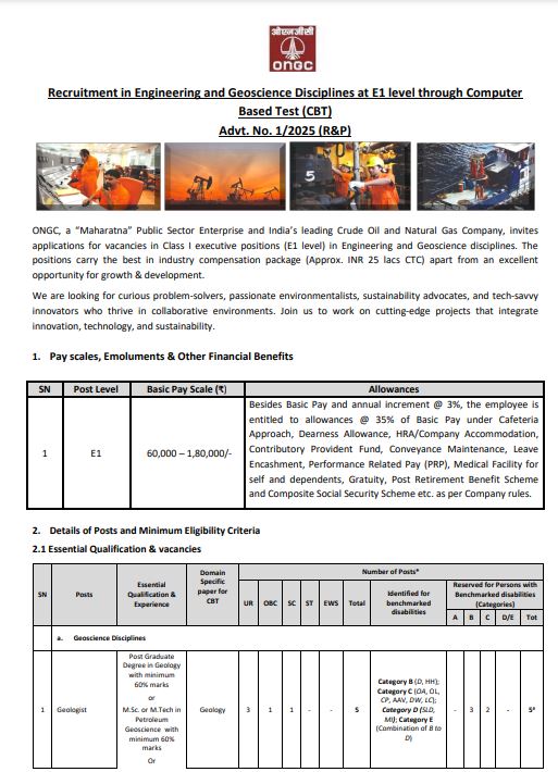 ONGC Engineering and Geoscience Disciplines Recruitment